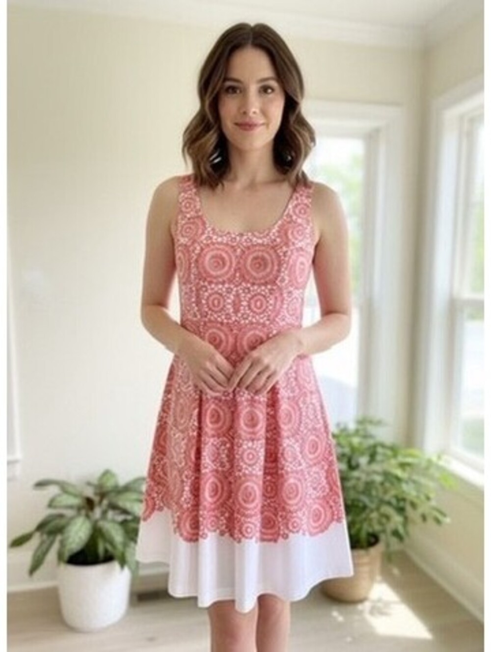 Nine West Size 2 Coral and White Mandala/Medallion Lace Design Dress Sundress